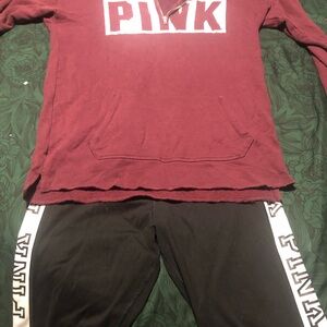 PINK Victoria's Secret Burgundy Hoodie and Black Leggings